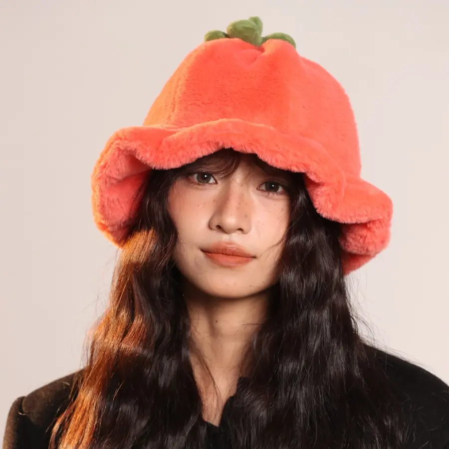 Autumn Winter New Fluffy Pumpkin Hat Cold-proof Warm Plush Fisherman Hat Trendy Style Pullover Hat Cute Design