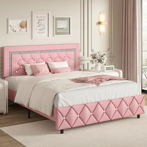 HOMBCK Queen Size Diamond Sturdy Bed Frame - Indoor Furniture Bedframes with Steel Legs, 3-mode Adjustable Soft Headboard (Cushions Neck), Modern Princess Style, 6.3" Under Storage, No Mattress/Box Spring Needed, Easy 1-Box Parts for Smoother Setup