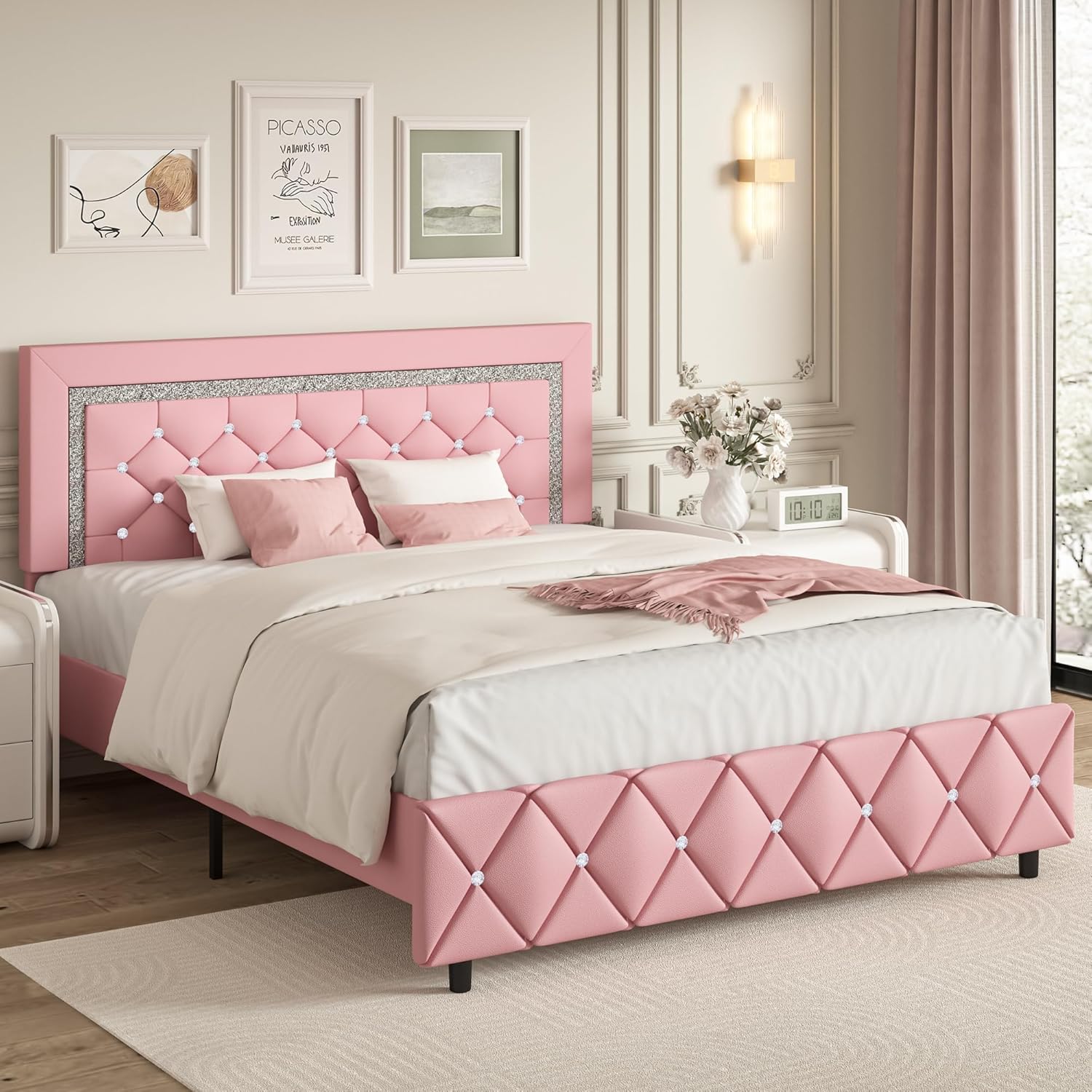 HOMBCK Diamond Bed Frame, No Mattress, Comfortable and Adjustable Headboard, Modern style, Princess Bed, No Box Spring R
