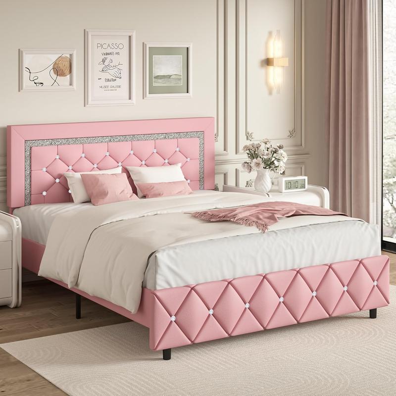 HOMBCK Diamond Bed Frame, No Mattress, Comfortable and Adjustable Headboard, Modern style, Princess Bed, No Box Spring Required