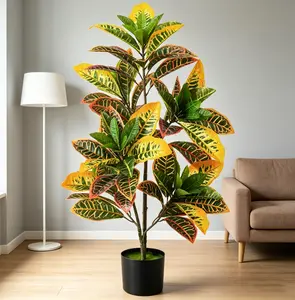 3ft UV Resistant Artificial Croton Tree, Potted Faux Plant with Variegated Leaves, Low Maintenance Fake Topiary for Indoor Outdoor Home Office Patio Decor