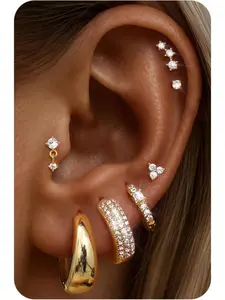 7 Pairs Golden Silvery Stackable Stud Hoop Earrings Set for Women Men Premium Copper Surgical Steel Assorted Set Classic Studs Delicate Hoops Practical Flat Clasps Secure Wear Perfect for Multi-pierced Ears Trendy Layered Looks Comfortable Long-time Wear