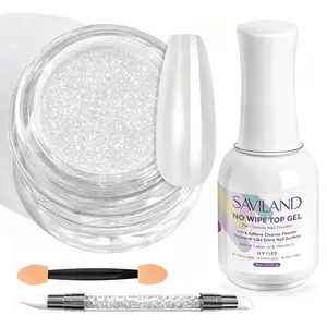 SAVILAND White Pearl Chrome Nail Powder Kit 1g High-Gloss Aurora Effect with No-Wipe Top Gel & Sculpture Pen for DIY Gel Polish Nails