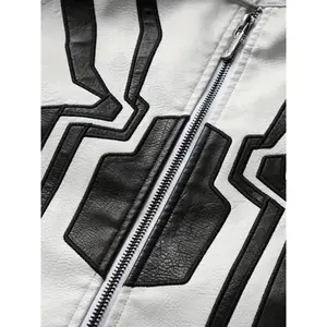 Men'S Color-Blocked Spider Pattern Stylish Faux PU Jacket with Multiple Pockets, Featuring a Trendy Style Classic Pilot Motorcycle Design.