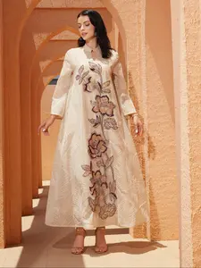 Traditional Style Embroidered Mesh Kaftan Dress for Women, Long Sleeve Fit Maxi Dress, Elegant Middle Eastern Fashion, Perfect for Special Occasions