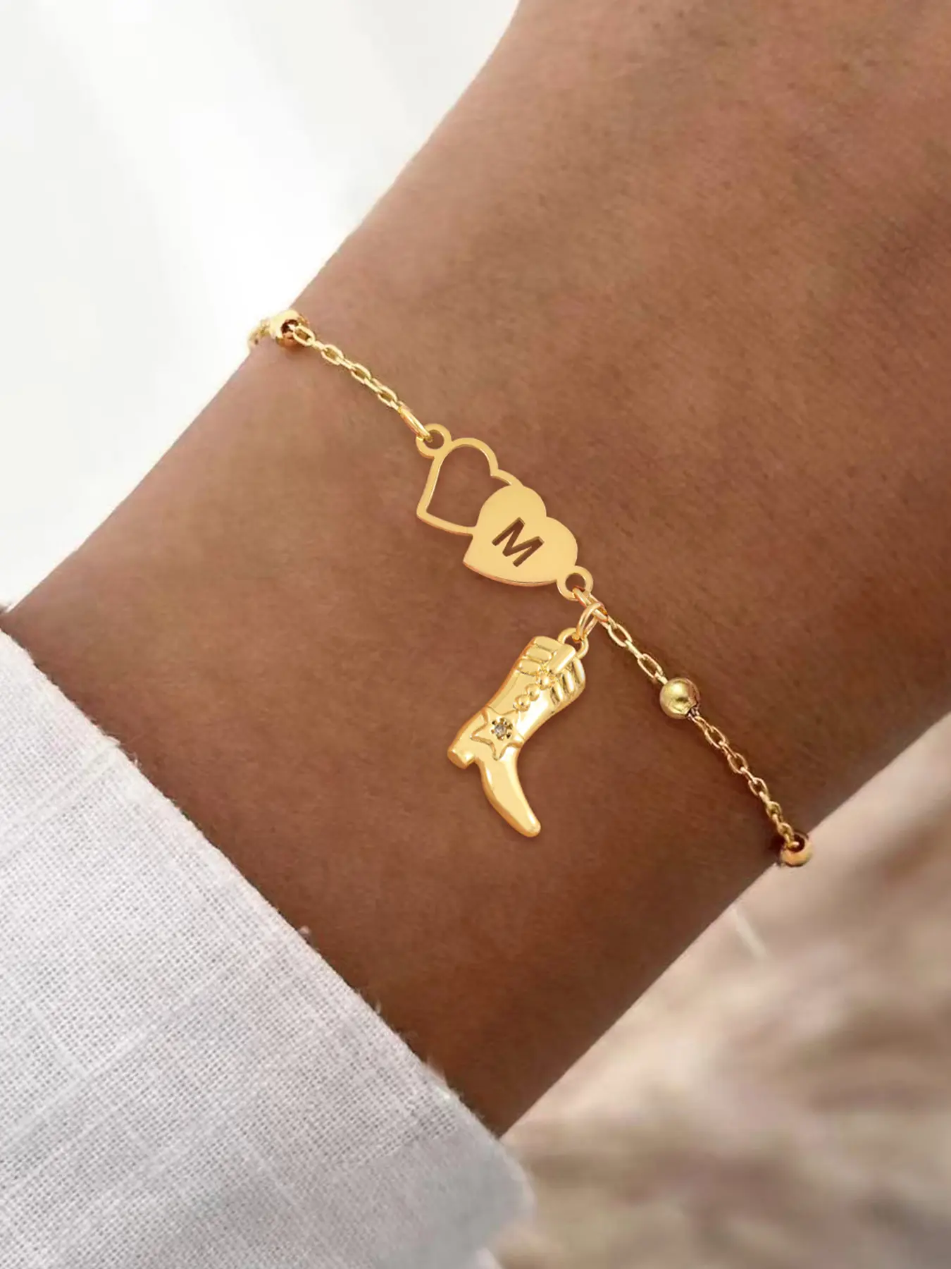 Western Cowboy Boot Heart Initial Women's Bracelet, Letter Link Bracelet, Fashion Bracelet, Bracelet Classic Design, Personalized Jewelry Gift, Classic Stainless Steel Beaded Chain for Casual All Seasons, Elegant Ladies Accessory