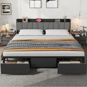 Garvee King Size Upholstered Bed Frame with 2 Large Drawers and Charging Station, Black Platform Bed with Storage Headboard, Noise Free, No Box Spring Needed, Easily Assembly