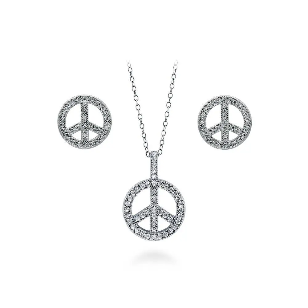 BERRICLE Sterling Silver Peace Sign Necklace and Earrings Set for Women, Cubic Zirconia CZ