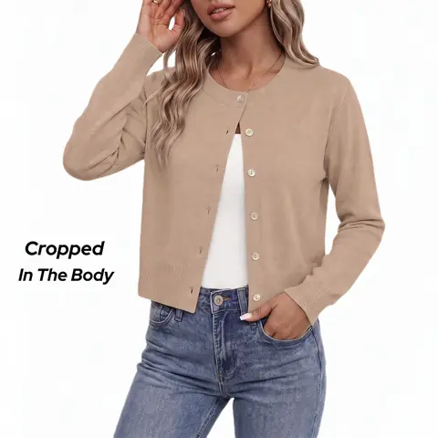 Women's Cropped Viscose Knit Cardigan Sweater - Button-Down Crew Neck, Breathable Lightweight Fabric, 2026 Trendy Fall Spring Top for Casual Office Layering, Business Dressy Outfits