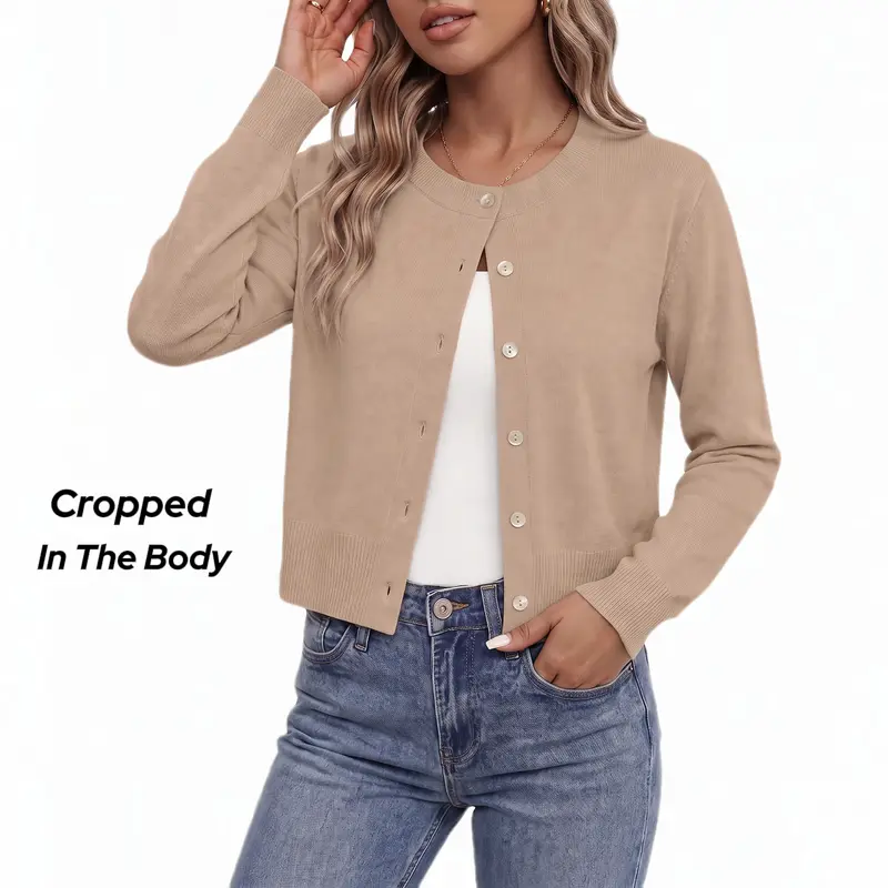 Women's Cropped Viscose Knit Cardigan Sweater - Button-Down Crew Neck, Breathable Lightweight Fabric, 2026 Trendy Fall Spring Top for Casual Office Layering, Business Dressy Outfits