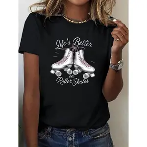 Life's Better on Roller Skates Graphic T-Shirt Women 180g Black Cotton Round Neck Short Sleeve Trendy Comfortable Fit Casual Style Skateboarding Tee Fashionable Artistic Print Roller Derby Apparel
