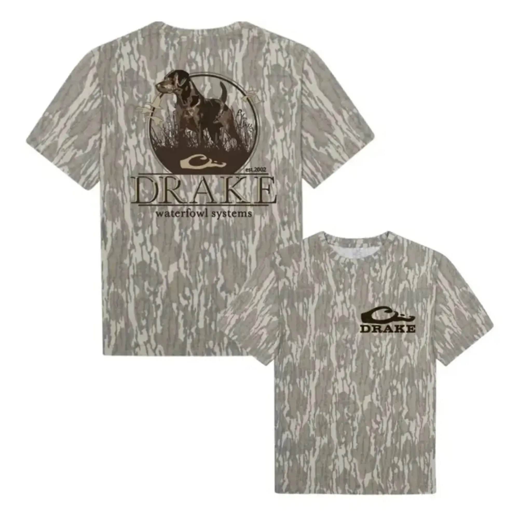 Drake Standing Black Lab Camouflage Mossy Oak Bottomland Tee - Hunting Camo Shirt, Soft Cotton Breathable, Hiking Camping T-shirt, Full Size S-5XL