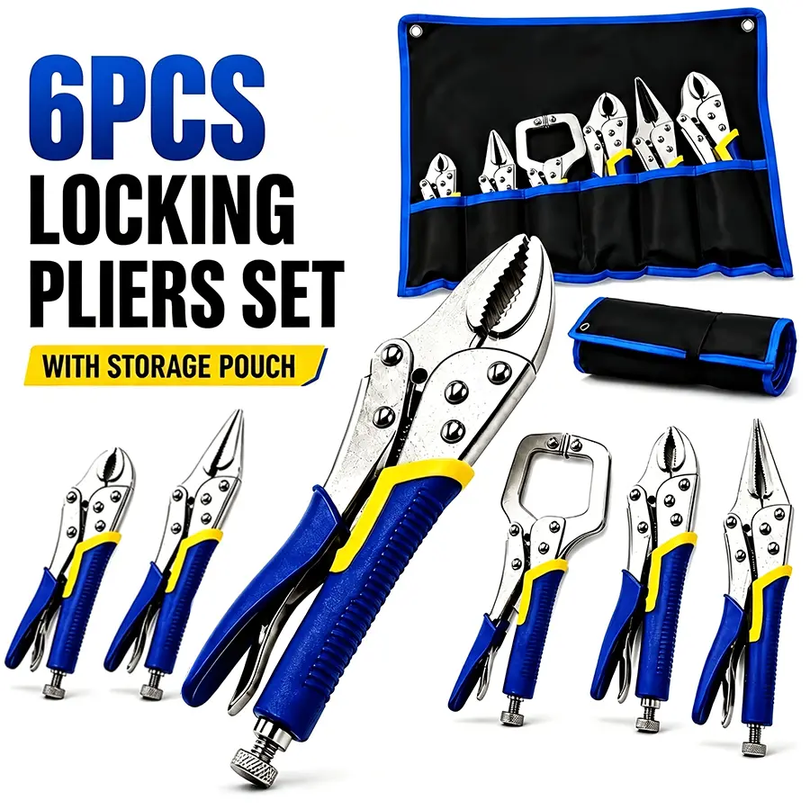Vice Grips Pliers Set, 6-Piece Locking Pliers Set, 6-1/2”, 9-1/2” Needle Nose Vice Grips, 5”, 7” and 10” Curved Jaw Vise Grip, 6” C-clamp Locking Pliers, Fast Release with Rolling Pouch