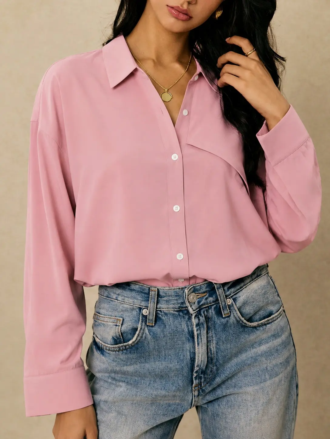 Women’s Minimalist Basic Long Sleeve Button-Down Collared Blouse - Asymmetric Seam, Fitted, Everyday Chic Business Casual Office Work Top (3 Colors) [756], Longsleeves daily Women Short Sleeve Lace Shirt oversized stretchy loose fit peplum flowy blouse