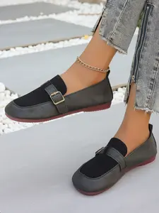 Women's Retro Buckle Loafers, Comfortable Slip-On Flat Shoes, Casual Square Toe Walking Shoes for Daily Wear, Stylish and Practical Footwear