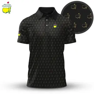Classic Black Masters Print Polo – Men’s Performance Golf Shirt, Stretch Fabric, On-Course & Casual Wear
