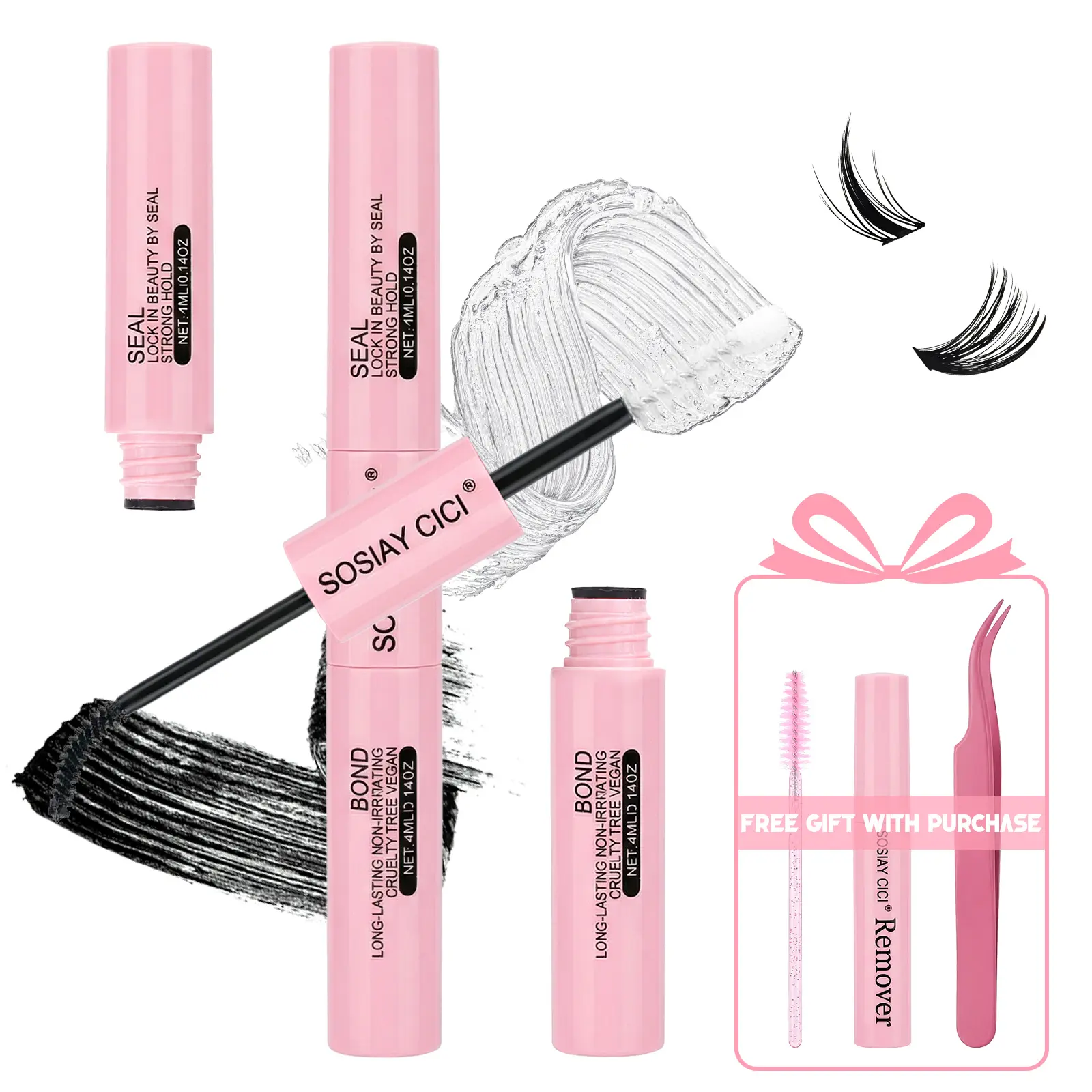 SOSIAYCICI Lash Cluster Glue 10ML Lash Bond and Seal Waterproof for Eyelash Clusters, Lashes Bond and Seal, Professional DIY Lashes Glue Bond & Seal Long Lasting Strong Hold 2-in-1 Home Use (Bond&Seal) with Gentle Remover Tweezers Brush for Free