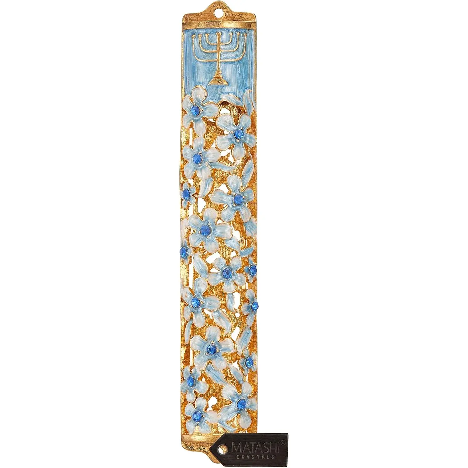 5.5 in Pewter Metal Jewish Mezuzah - 0.5" x 0.8" x 5.5" Handmade Traditional Religious Decorative Door Decor, Kiln-Fired Blue & Ivory Enamel Floral Motif, Gold Accents, Menorah Design Crystals, Indoor Wall Hanging Ornament for Housewarming Gifts