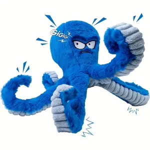 Tough Dog Toys, Stuffed Chew Large Dog Toys to Keep Them Busy, Interactive Squeaky Tug of War Doggie Toy, Crinkle Blue Octopus
