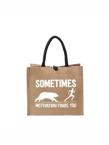 Simple Linen Tote Bag, Printed HandbagMotivational Jute Tote Bag - Eco-Friendly Brown Canvas Bag with Black Handle and Toggle Clasp, Inspirational 'Sometimes Motivation Finds You' Design with Bear and Runner Silhouettes, Perfect for Shopping and Da
