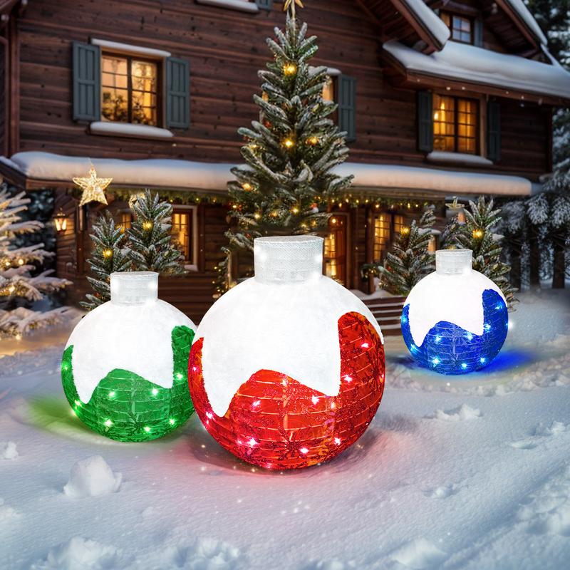 Christmas Outdoor Decoration, Christmas Ball lights, 3-Piece Pop-Up Christmas Ball Set with 184 LED Lights, Pre-Lit Iridescent, 3D Glittered Standing Holiday Display for Outdoor Ornaments