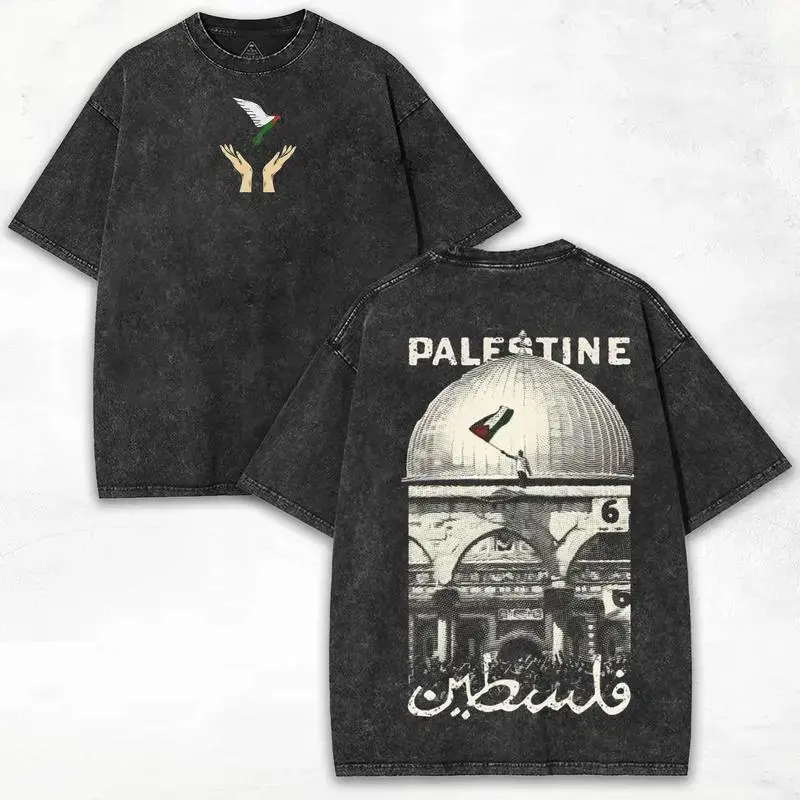 Men's Vintage Graphic Tshirt, Washed & Distressed Heavy Cotton Streetwear, Oversized Crew Neck with Double-Sided Palestine Solidarity Print, Shortsleeve, Sportswear, Lightweight, Fitted Cut, Palestine Theme, Solid Graphic, Double-Sided Print, Casual, Acti