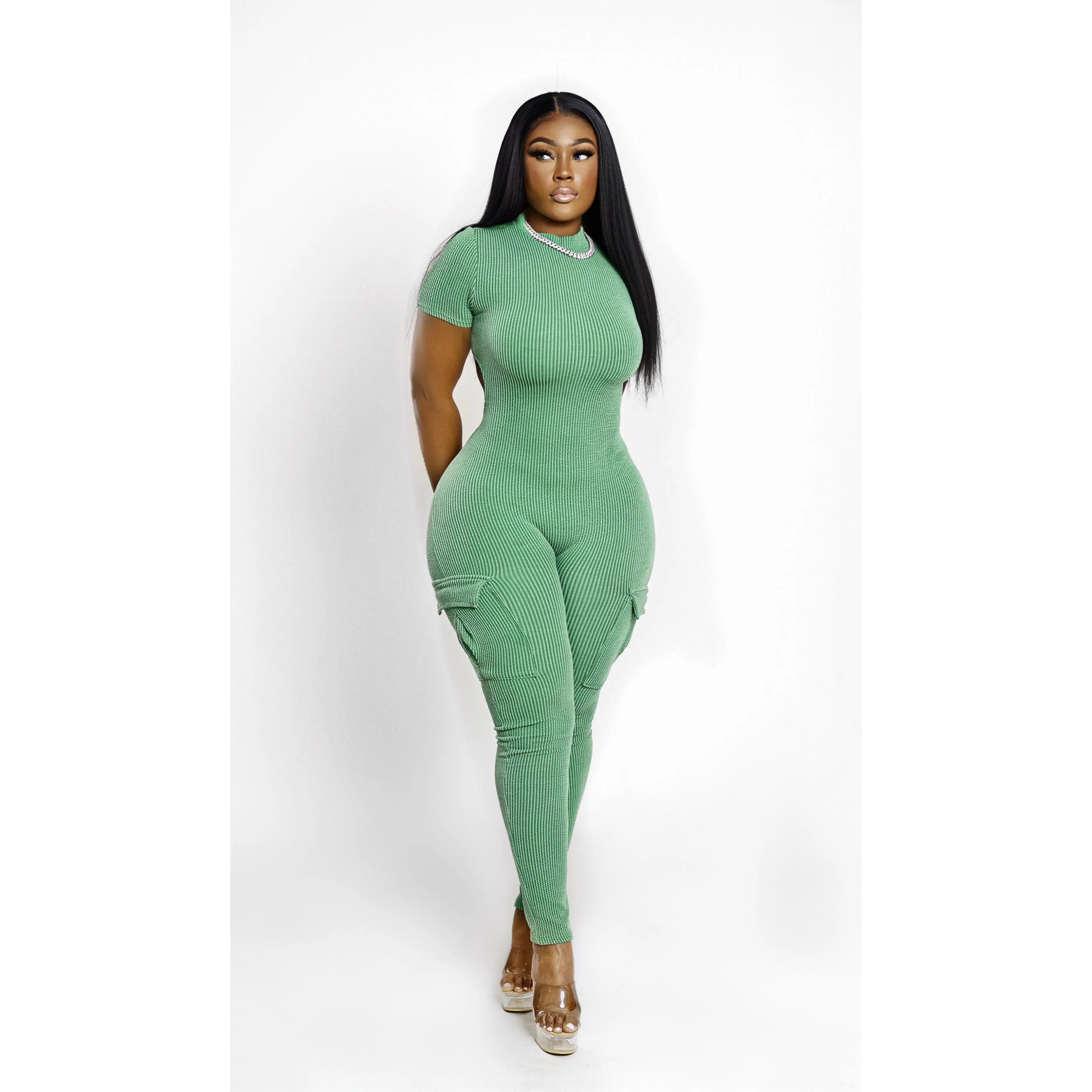 Green Cargo Backless Jumpsuit w/side pockets