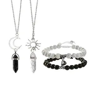 4-Pcs Jade Sun Moon Synthetic Stone Magnetic Couple Bracelets Friendship Long Distance Matching Turquoise Beaded Bracelets Women Men Gifts