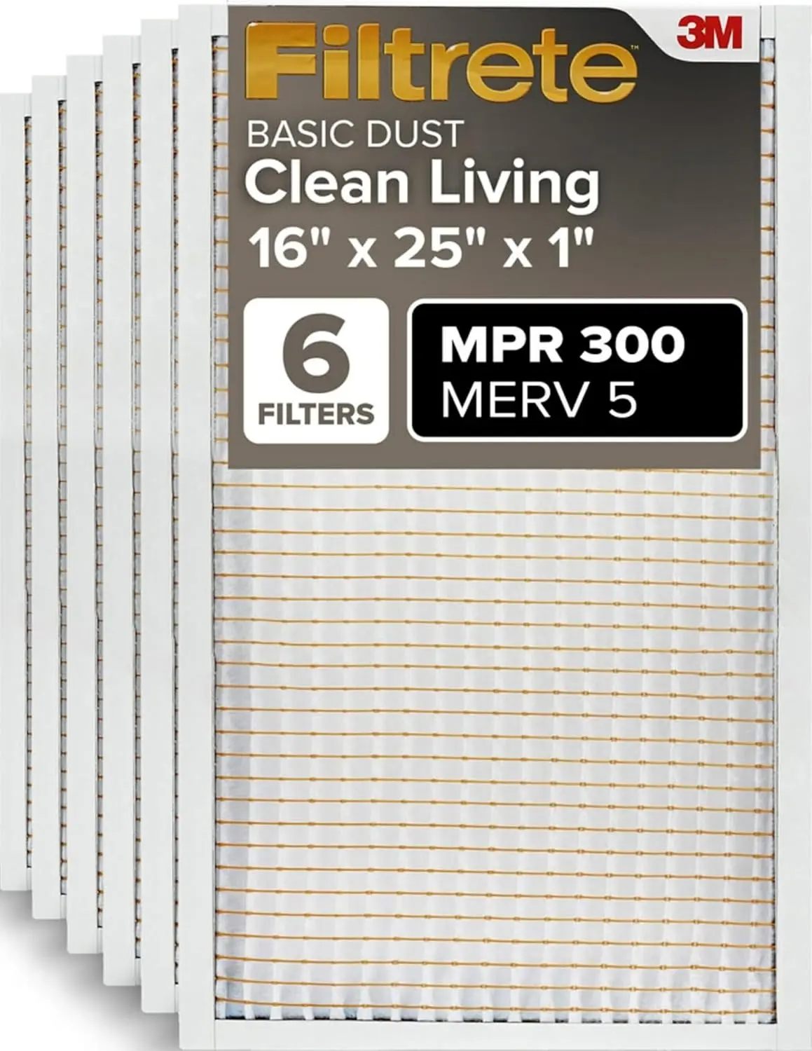 16x25x1 Air Filter MERV 5, 6-Pack AC Furnace HVAC, MPR 300 Basic Dust Defense, Pleated Electrostatic, Removes Lint