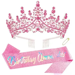 Baroque Rhinestone Birthday Queen Accessory Set - Fashion Headbands, Sash With Pin, Crown Tiara, Shiny Decorations, Comfortable Wear for Birthday Parties, Elegant Events
