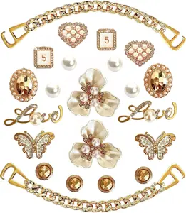 Gorgeous Pearl Love 22 Pcs Charm Set, Elegant Vibe, Flowers, Hearts, Butterflies Pearl Pattern, Gold Chains, Bling Jibbitz, Girly Charms Set – Shoe Accessories for Girls, Gift Ideal, Shoes DIY Decoration