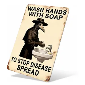 Gothic Plague Doctor Aluminum Metal Wall Art Vintage Hand Washing Reminder Sign 8.0x12.0 Inch Rustic Decor for Bathroom Home Unique Gift Idea Gothic Home Decor for Halloween