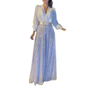 2025 Sequin V-Neck Jumpsuit – Slim Fit Blouse with Wide Leg Pants for Women Elegant Office to Party Outfit Comfort Fabric Womenswear Belt