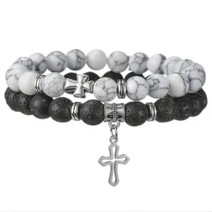 Vintage Beaded Cross Pendant Bracelet for Men - 2pcs/4pcs Set with Beads in White, Black & Gray, Ideal for Casual Everyday Wear and Valentine's Gifts