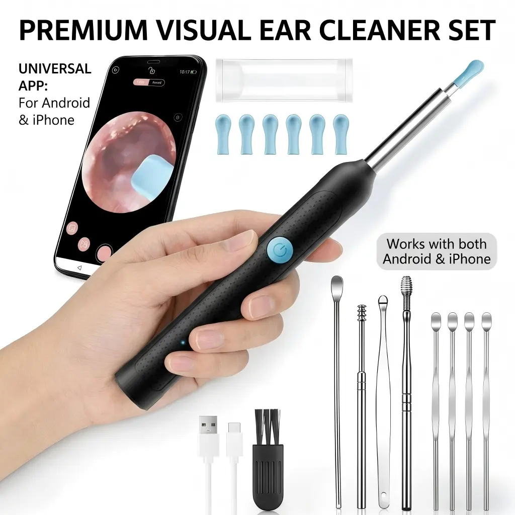 1080P HD Ear Wax Removal Tool with Camera, 6 Ear Spoon Set, Rechargeable USB/Battery Dual Power, tar Cleaning Device for Safe Ear Care Ear Wax Removal Kit Wireless Visual Ear Cleaner Earwax Removal Kit android phone cotone tes tweezers