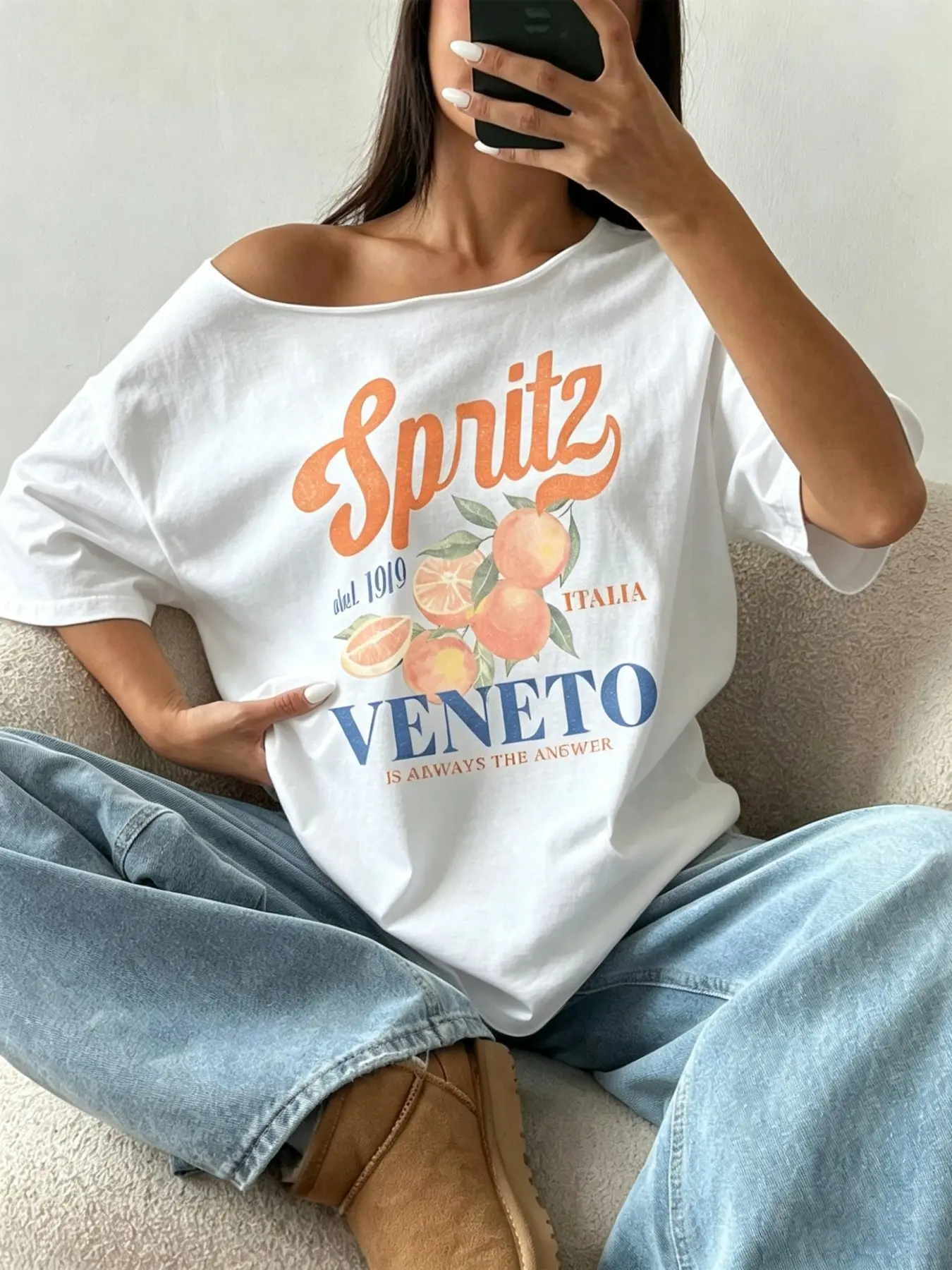 Spritz Veneto Print Oversized Off-the-Shoulder Tee | Italian Summer & Coastal Casual Aesthetic Vibe | Loose & Breathable Fit | Versatile Everyday Wear | Casual Wear Clothing | Perfect for Laid-Back Street Style