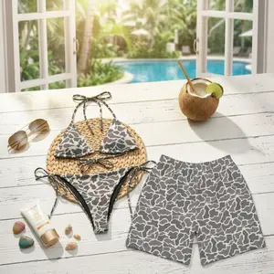 Gray Giraffe Print Matching Couple Swimwear Set 2026, Modern Animal Pattern Bikini & Men’s Beach Shorts, Hot Summer Vacation Outfit