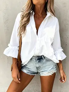 Elegant Casual Seven-Quarter Sleeve Button Collar Shirt, Simple Ruffle Hem Top, Women's Spring Style, Fashionable and Charming