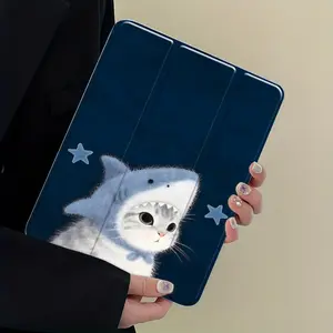 Cute Cat in Shark Hood iPad Case, Navy Blue Aesthetic Protective Cover Auto Wake/sleep,Anti-Drop Scratch-Resistant,Transparent Acrylic Back,Fits iPad 7.9/8.3/10.2/10.5/10.9/11/12.9 13 inch,Shock-resistant Full Cover Protective Case Ideal for Office