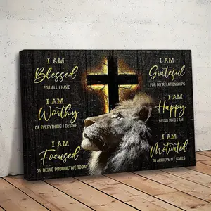 2D-Lion & Cross Pattern Canvas Painting with Frame, 1 Count Inspirational Quote Print, Wall Art Decor, Spiritual Wall Decor for Home Living Room Bedroom, Christ Cross Print, Religious, Stylish Religious Decor, Wooden Cross Decorations