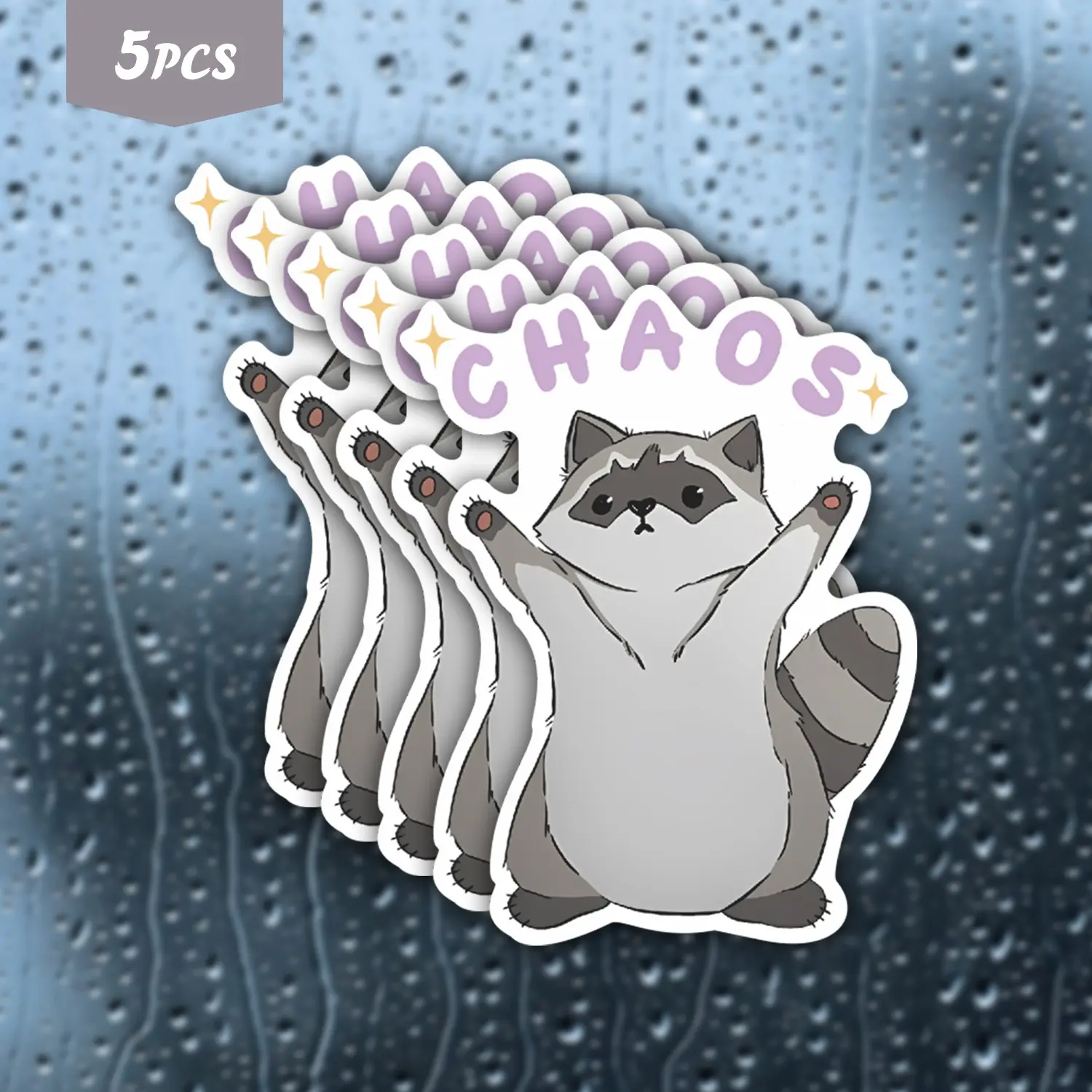 5Pcs "CHAOS" Cute Raccoon Waterproof Vinyl Sticker, Funny Mischief Raccoon Self-Adhesive Graphic Decal, Suitable For Water Bottles, Laptops, Journals, Ideal For Raccoon Lovers, Meme Fans And Cute Vibe Enthusiasts