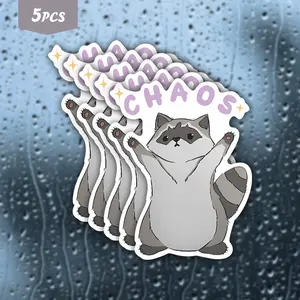 5Pcs "CHAOS" Cute Raccoon Waterproof Vinyl Sticker, Funny Mischief Raccoon Self-Adhesive Graphic Decal, Suitable For Water Bottles, Laptops, Journals, Ideal For Raccoon Lovers, Meme Fans And Cute Vibe Enthusiasts