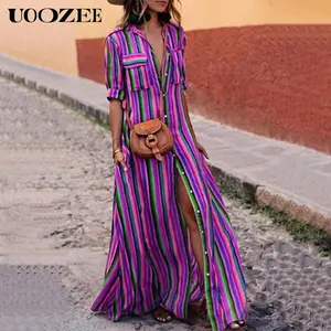 UOOZEE Women's Long Sleeves Loose Split-Joint Striped Lapel Maxi Dresses Shirt Dress