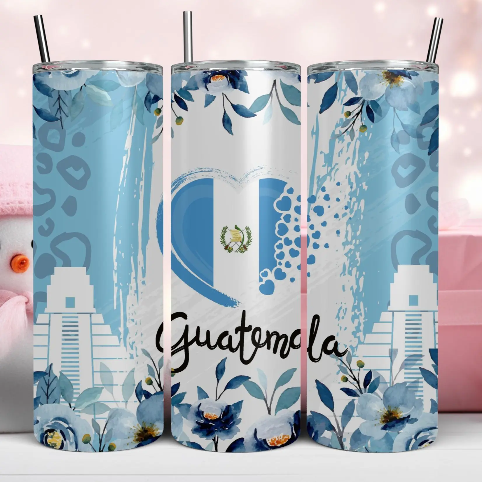 Guatemala Flag 20oz Tumbler, Portable Drinkware with Lid and straw, Stainless Steel Water Bottles, Reusable Mug