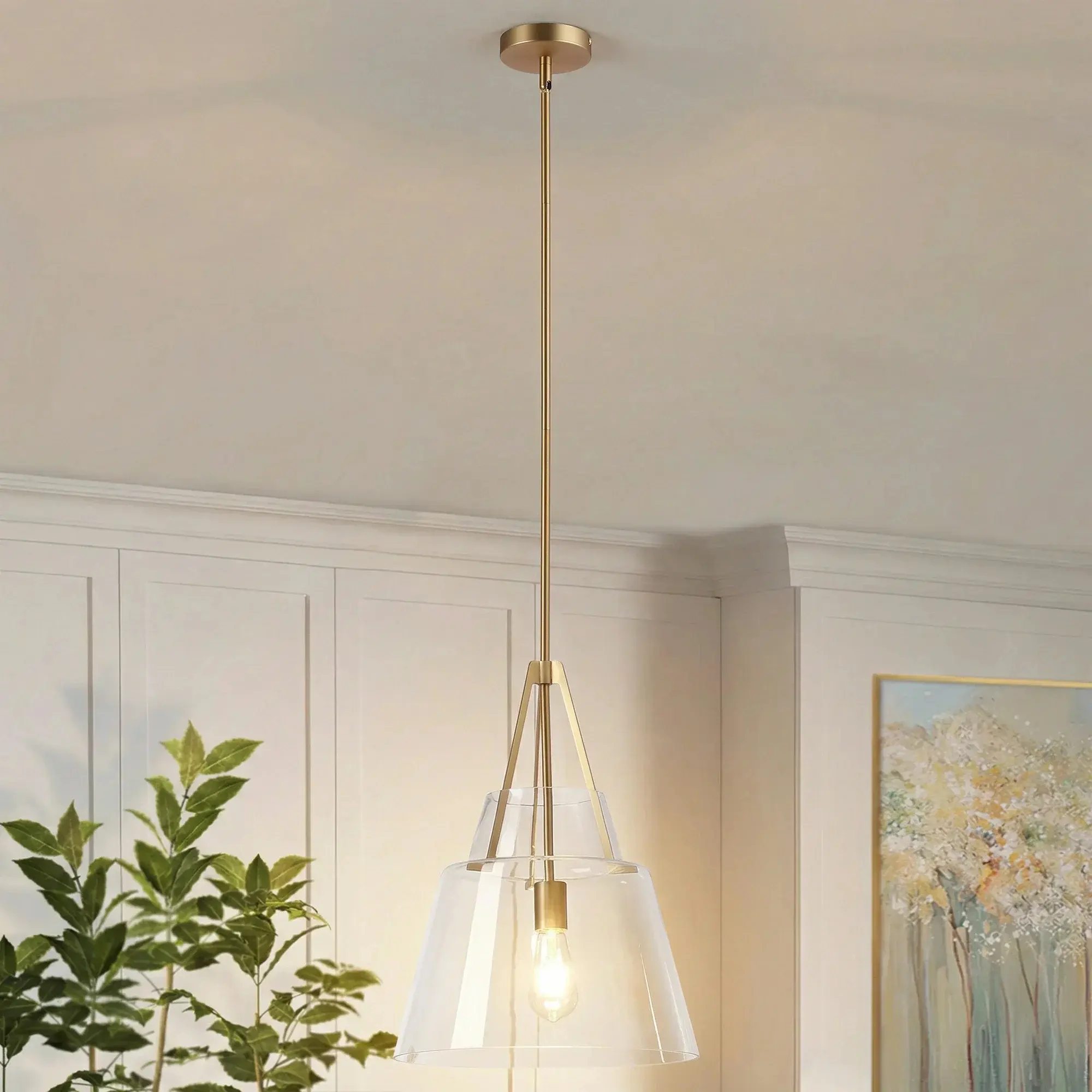 15 Inch Todd Modern 1-Light Brushed Brass Island Pendant Light, Minimalist Single Hanging Ceiling Lamp for Kitchen Island Dining Room Hallway