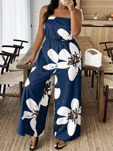 Spring Summer New Plus Size Women's Floral Print Halter Bodycon Dress, Long Sleeveless Romper, Perfect for Vacation Ly6005