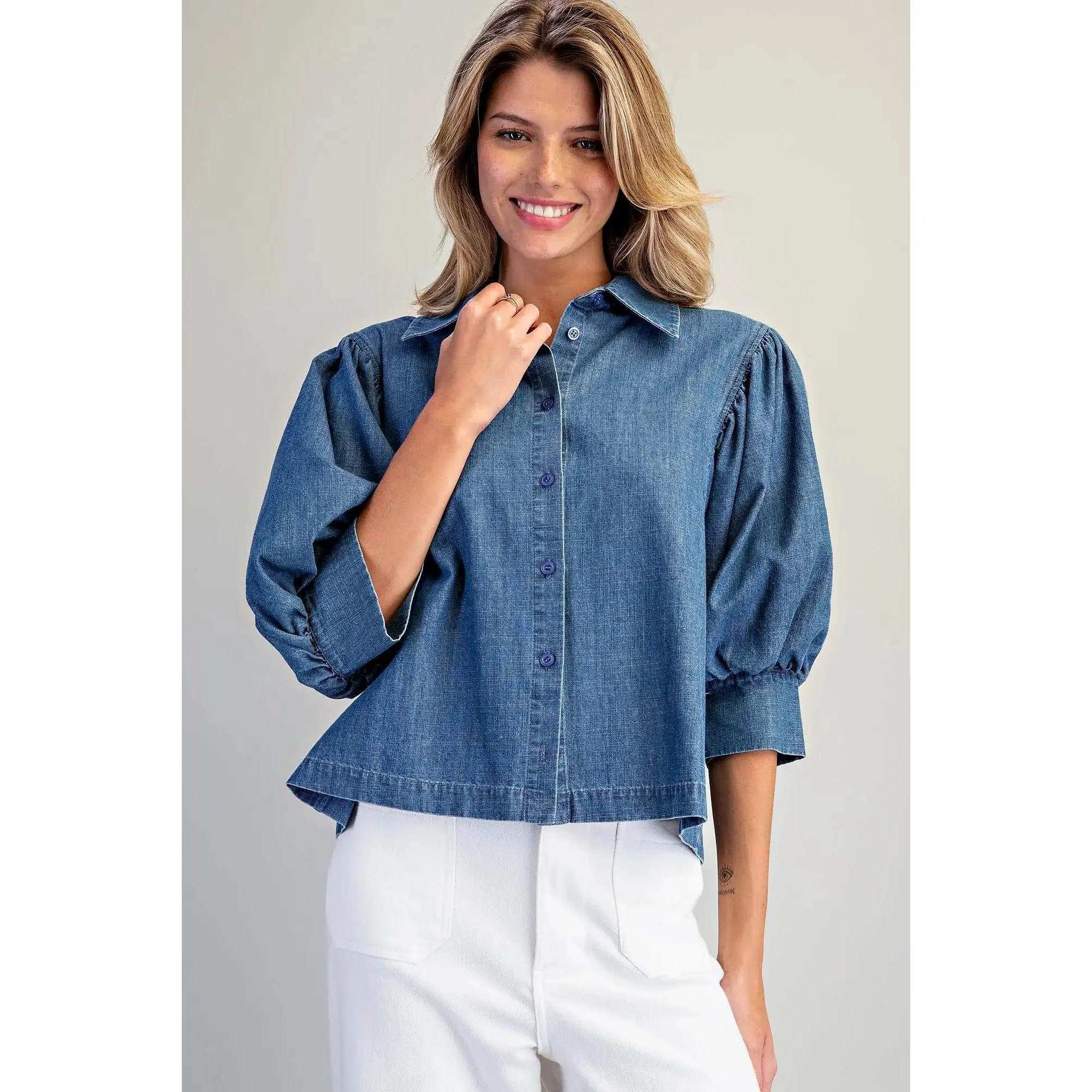 Denim Half Bubble Sleeve Blouse