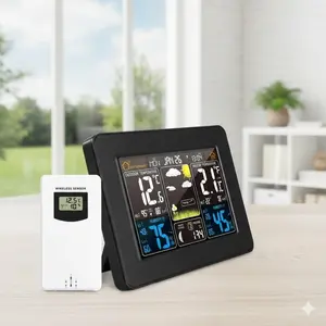 Wireless Weather Station with Color Display: Indoor/Outdoor Temperature Humidity Monitor, Air Pressure Clock, Moon Phase, Alarm & Date. Perfect Gift for Home Office.