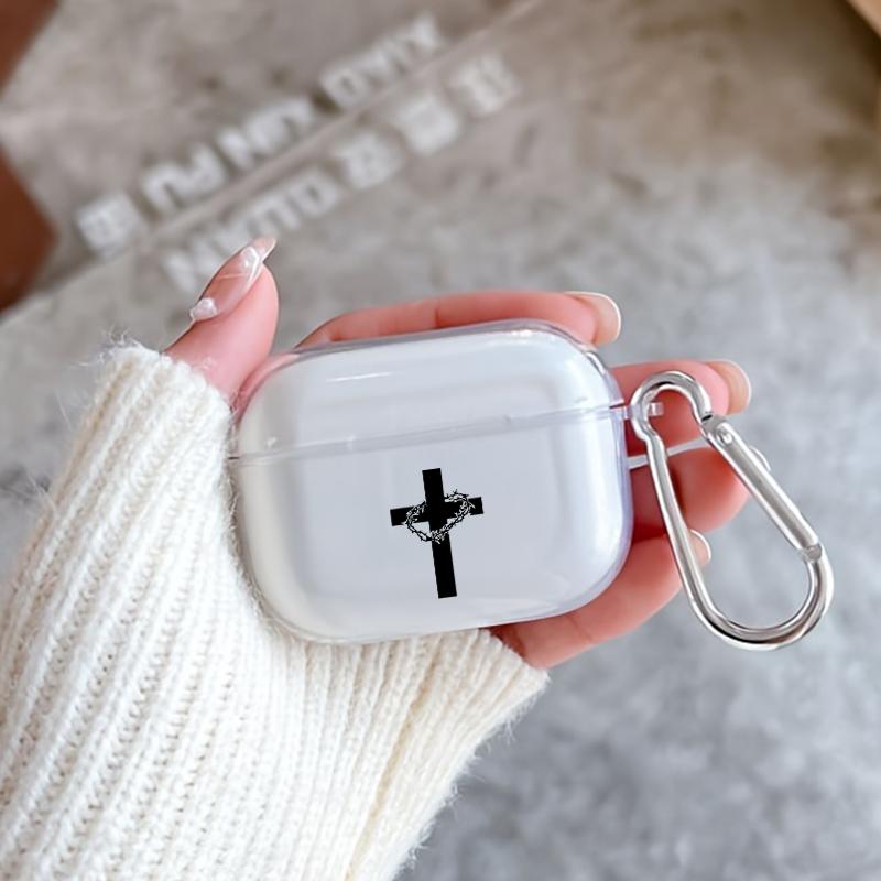 Cross Thorns Pattern Protective Case for AirPods 4/3/2/1/Pro/Pro2 Soft TPU Earphone Cover, Transparent with Keychain