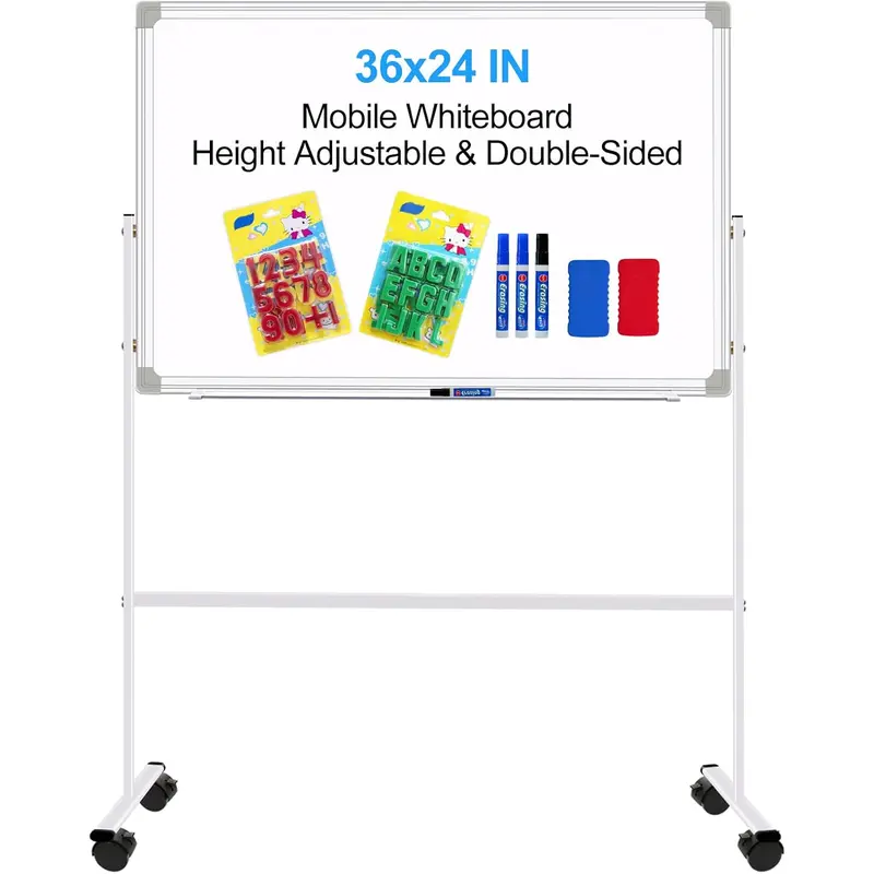 Dry Erase Board with Stand Double-Sided Mobile Whiteboard - 36"x24" Adjustable Height Rolling White Boards on Wheels for  & Adults